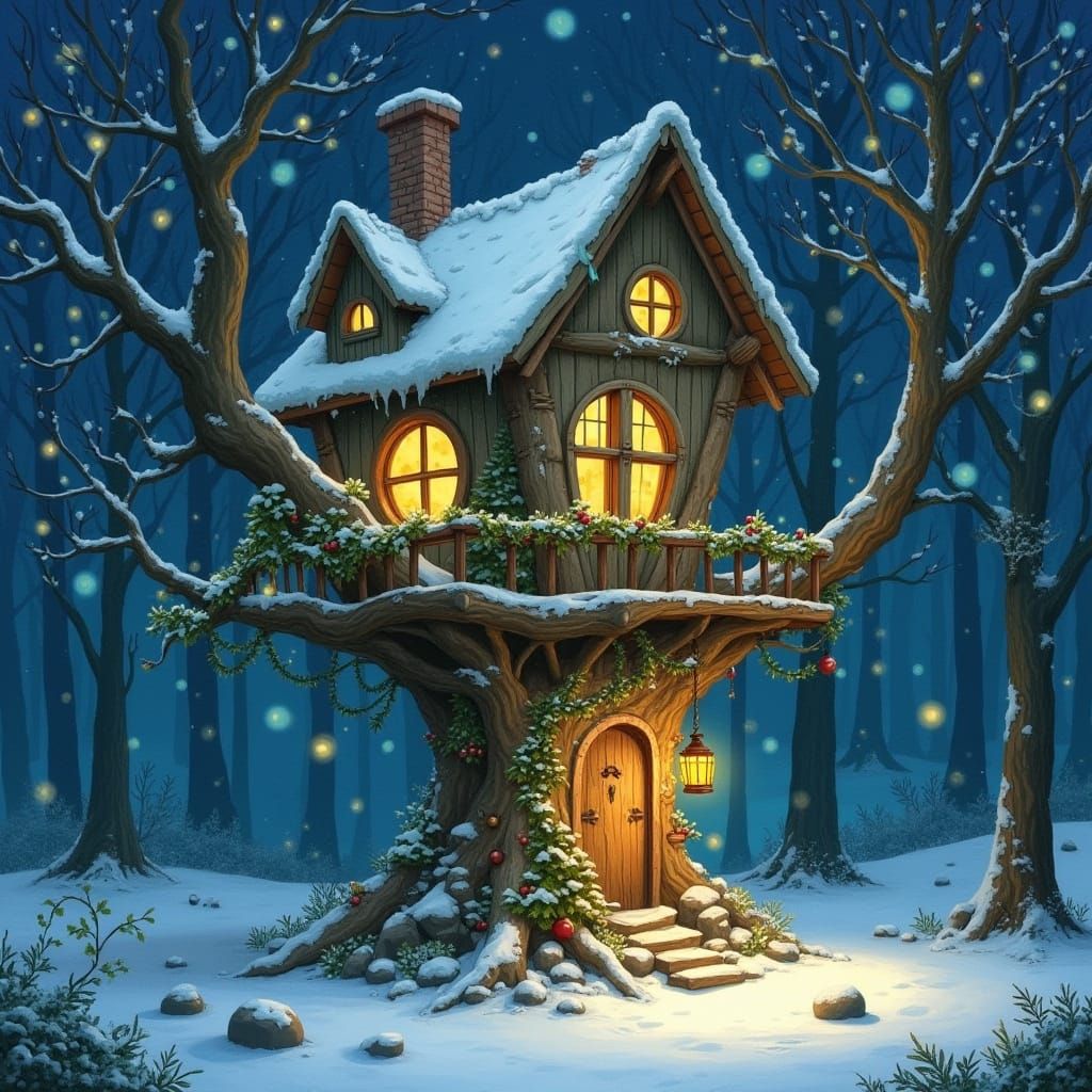 Whimsical Treehouse in Snowy Forest Wonderland