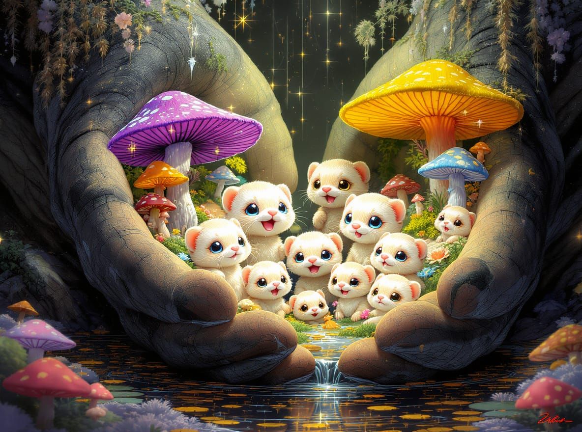 Chibi Ferrets in Giant Palms: A Pointillist Fantasy