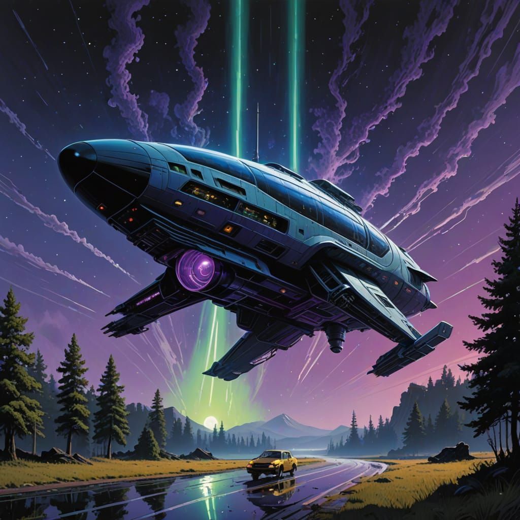 Majestic Starship Soars Through Cosmic Vortex in Cyberpunk F...