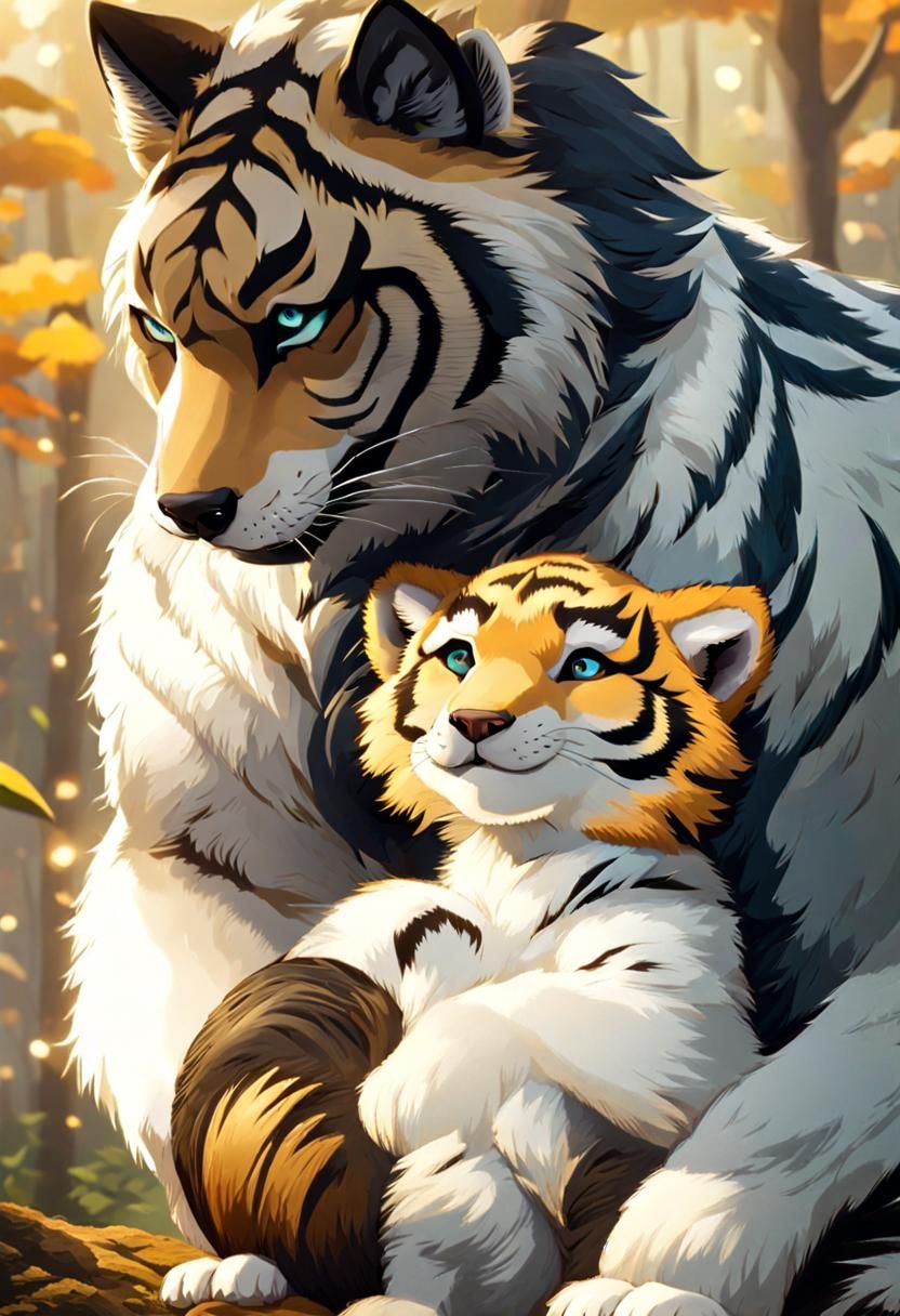 Anthropomorphic Mr. Wolf Protects Leopard Cub