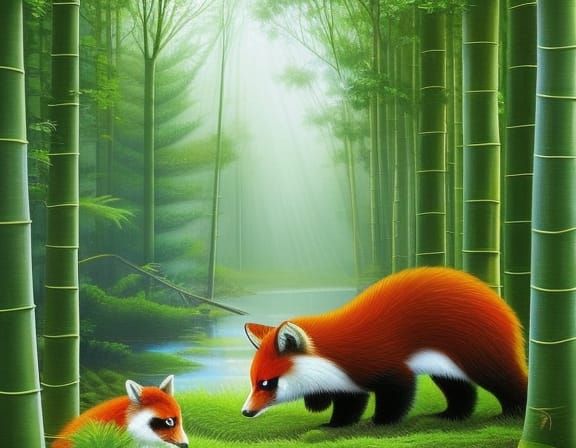 Red Pandas Frolicking in Surreal Bamboo Forest