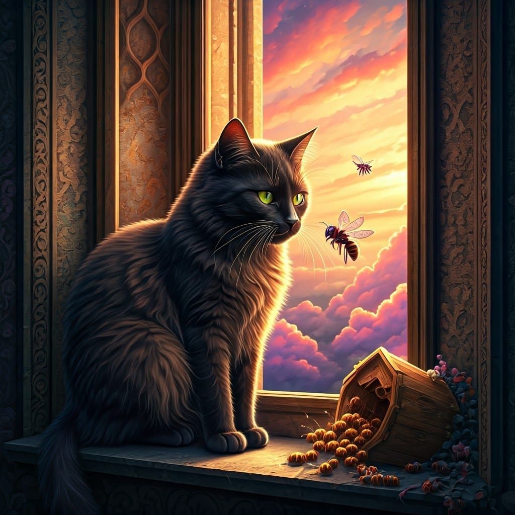 Majestic Black Cat Confronts Magical Bee in Medieval Castle
