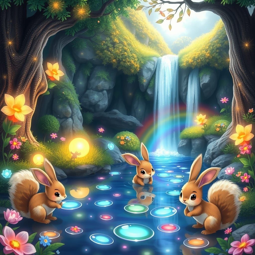 Rainbow Waterfall Meadow with Luminous Flora, Ghibli Style