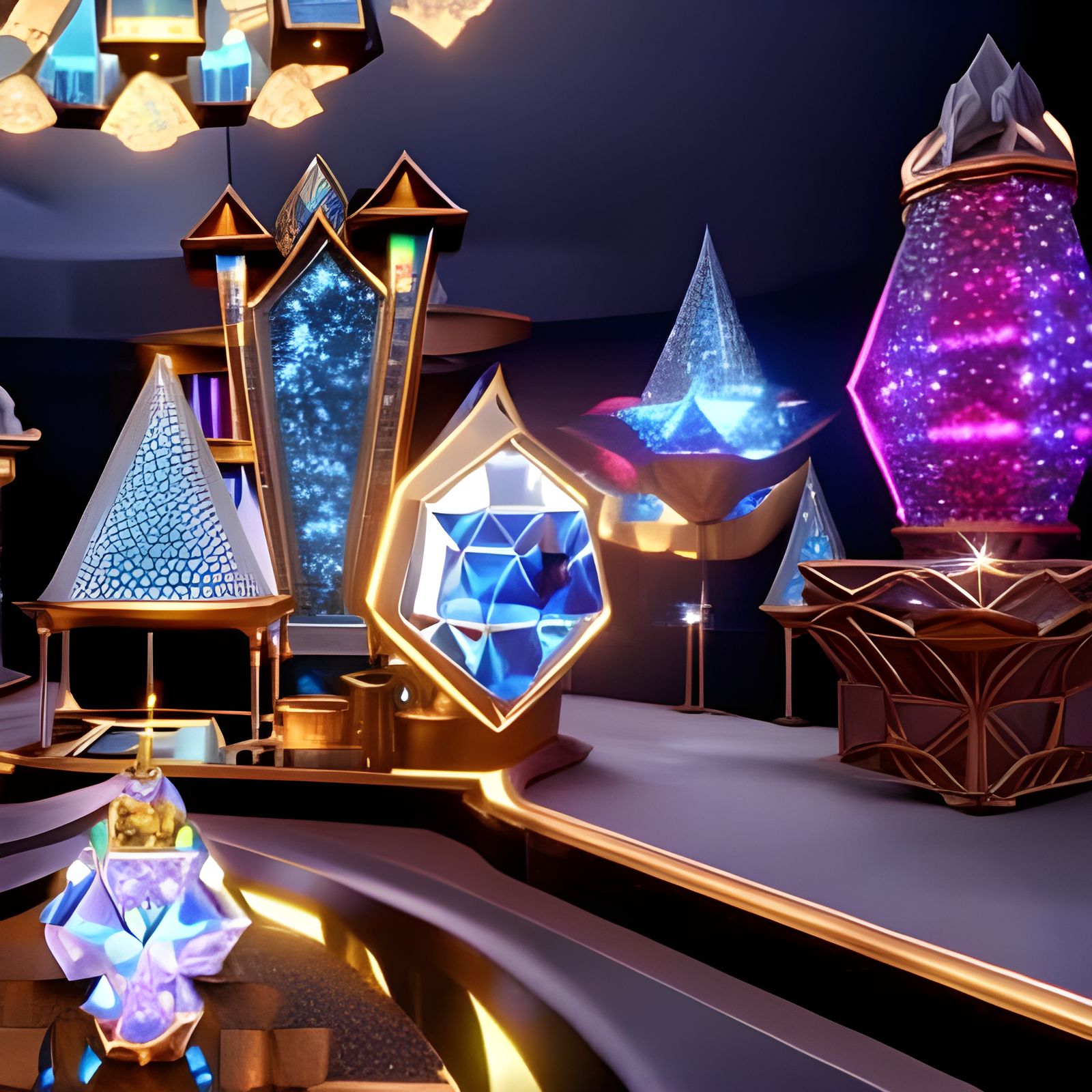 Bejeweled Elven shop filled with large gems on display Crystal statues illuminated...
