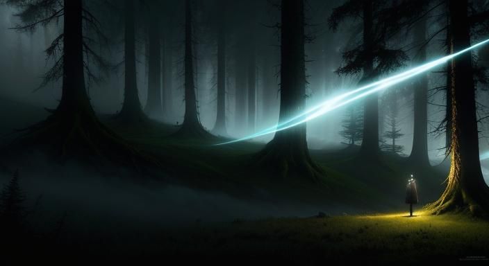 Hooded Figure in Mystical Forest, Digital Art