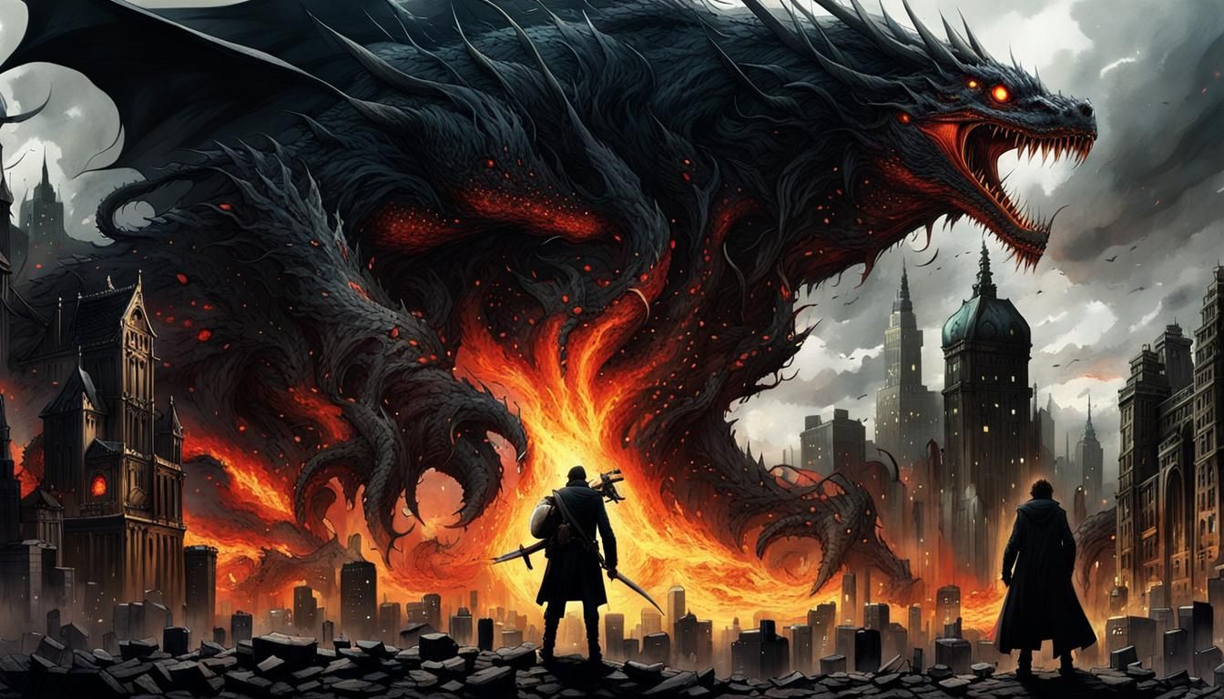 Gothic Battle Scene with Giant Monster, Hyperrealistic