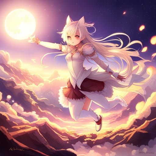 Ethereal White Fox Leaping in Anime Style