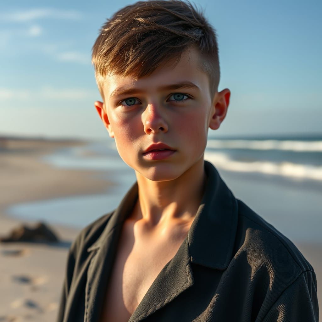 Young Man Exudes Power on Beach Photo Shoot