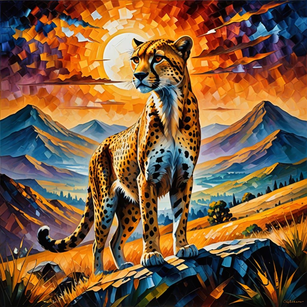 Cheetah in Shadow Landscape as Art Deco Oil Painting