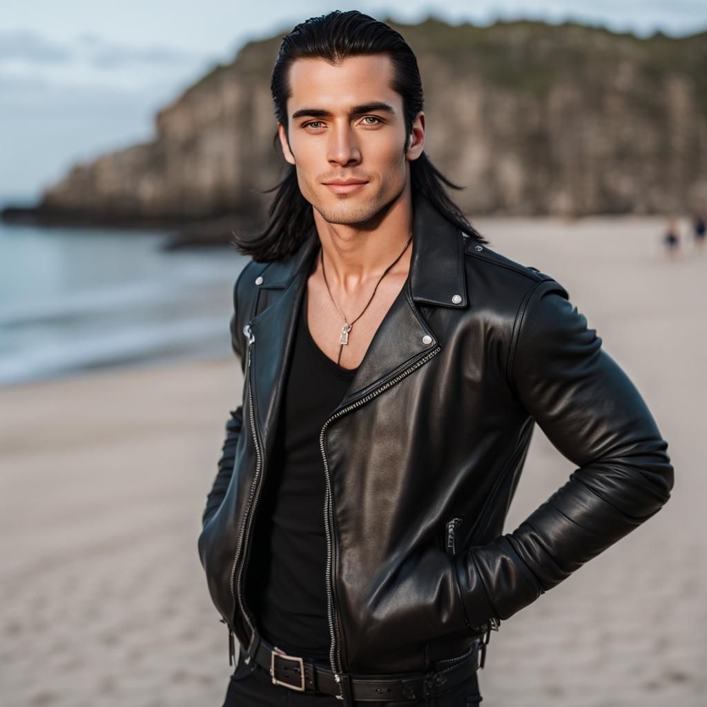 Young Man with Ponytail at Beach Party