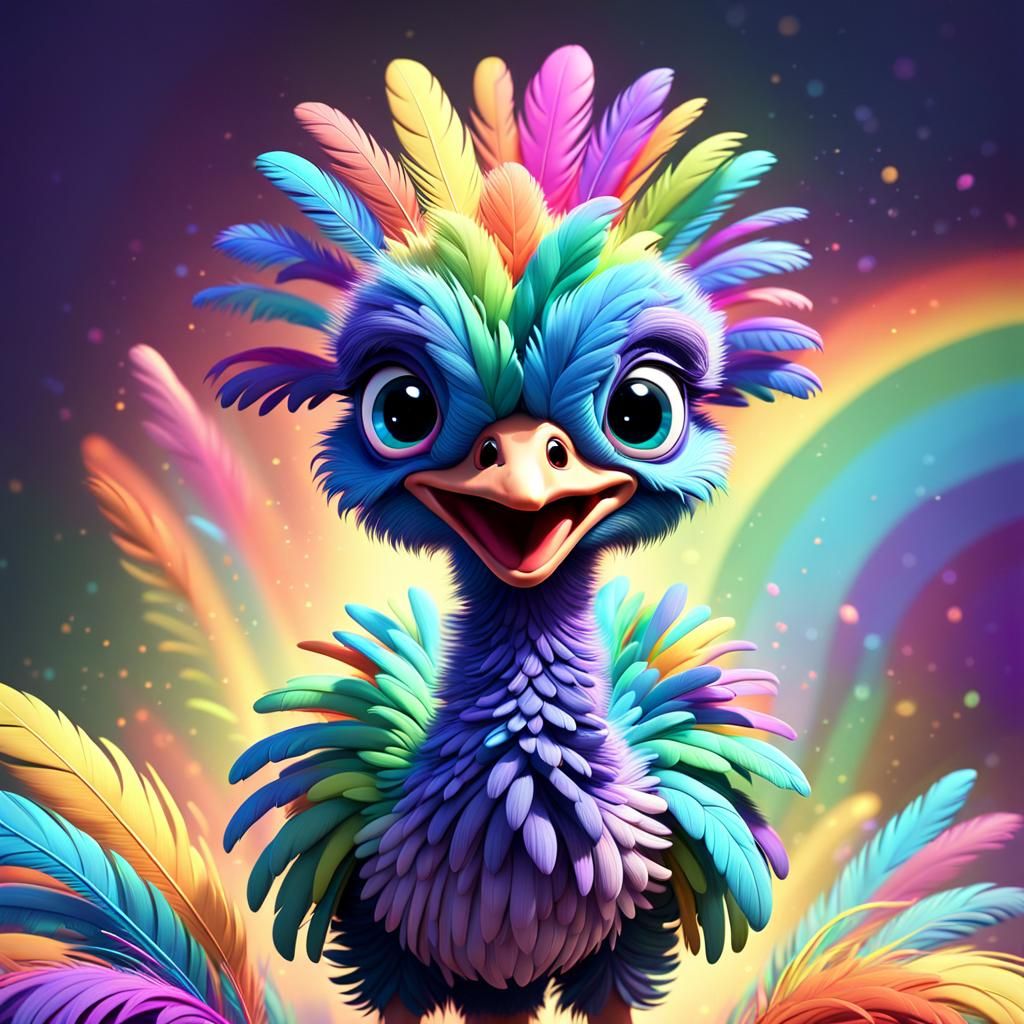 Comical Baby Ostrich with Rainbow Feathers