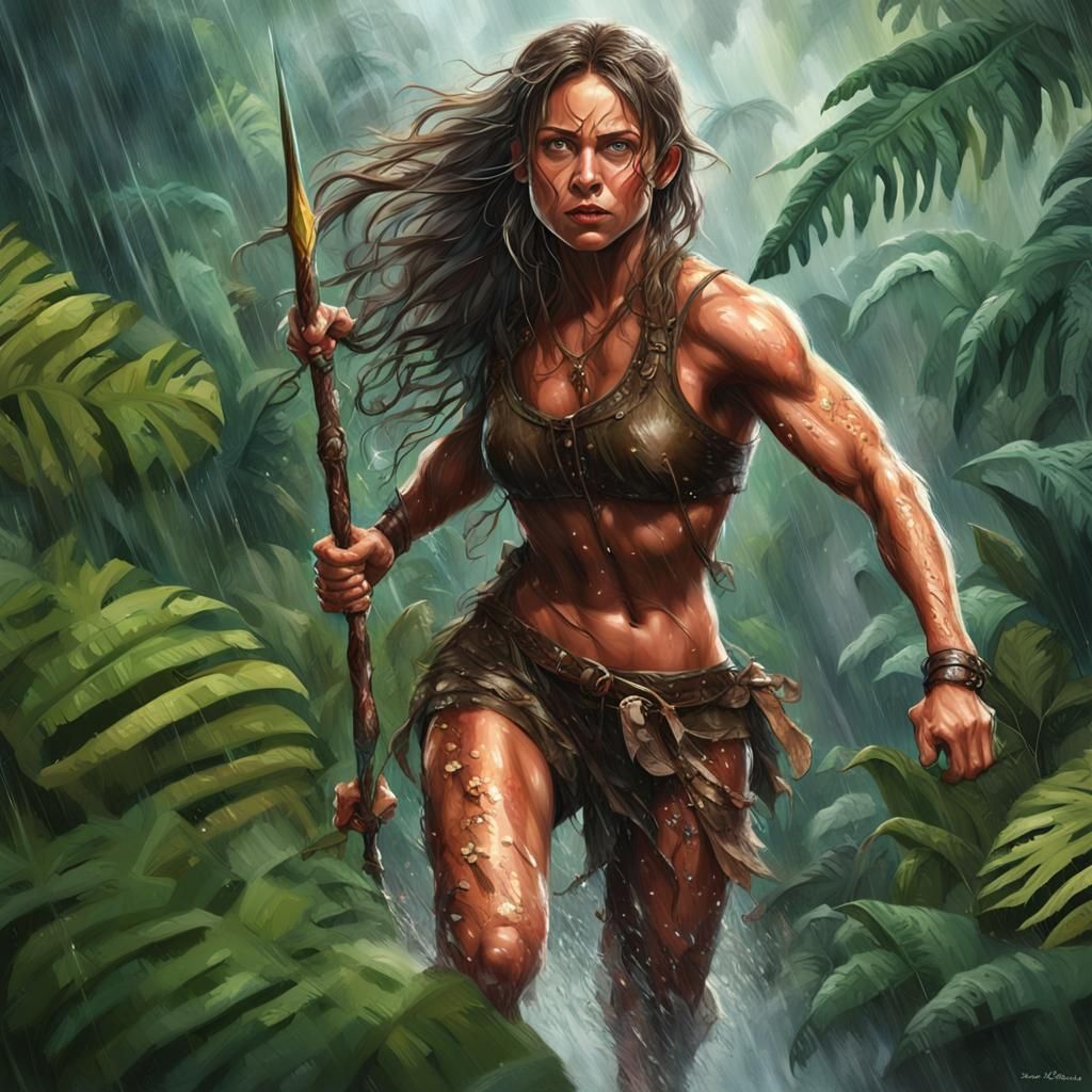 Hyperrealistic Jungle Girl Attack in a Colorful Jungle