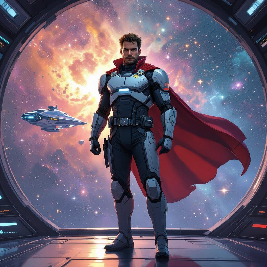 Heroic Starship Captain on Bridge in Sci-Fi Style