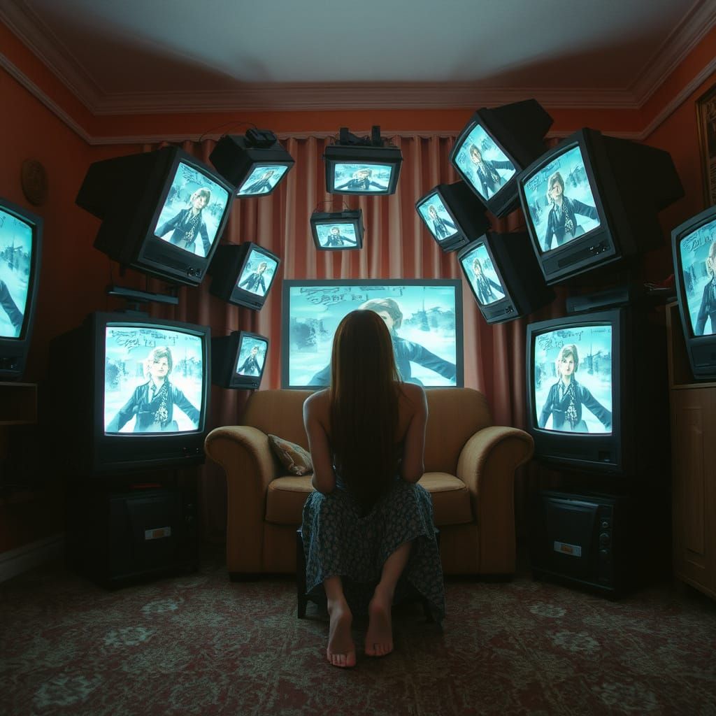 Distorted Reality: Woman in Surreal TV Room