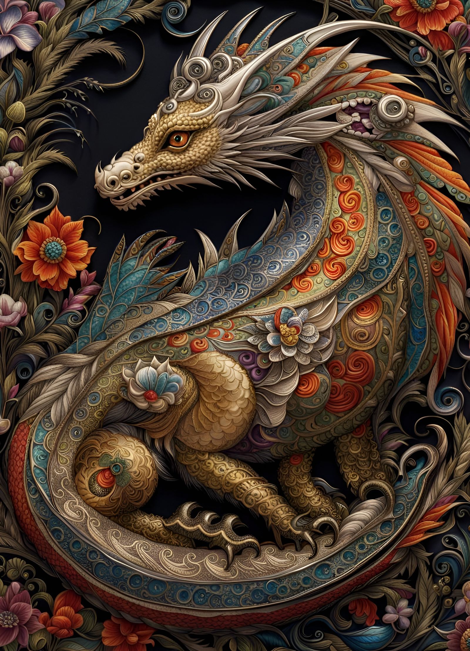 Ornate Dragon in Folk Art Style
