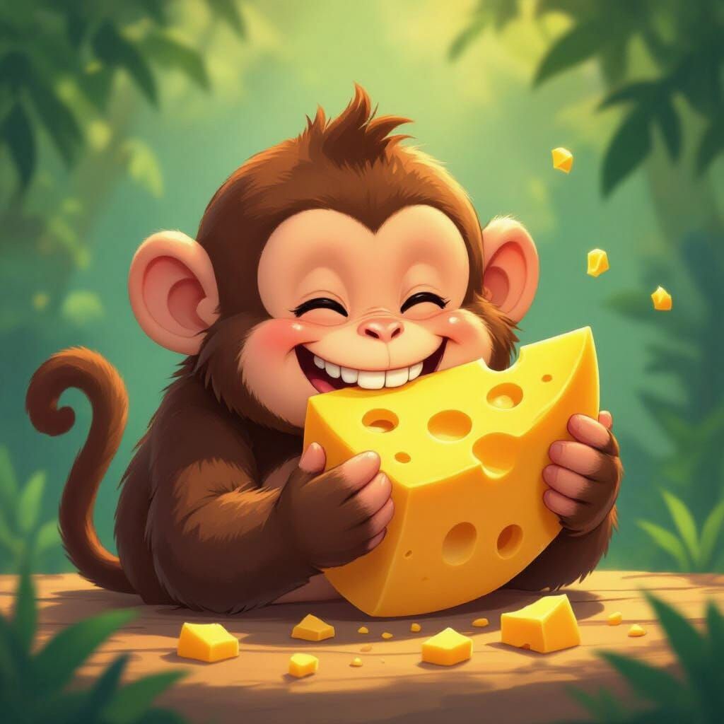 Happy Monkey Eats Swiss Cheese in Cartoon Style