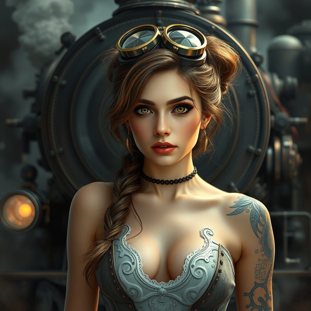 Steampunk Pin-up Goddess Amidst Industrial Machinery