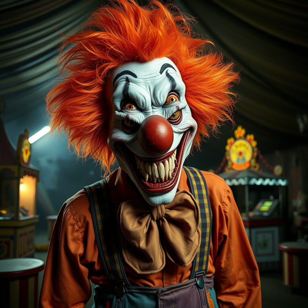 Grotesque Monster Clown in Abandoned Carnival Tent
