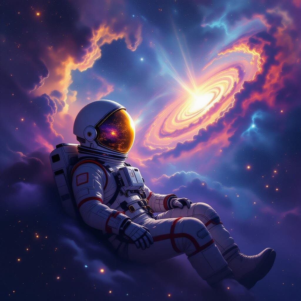 Astronaut Adrift in Nebula Reflecting Galaxy