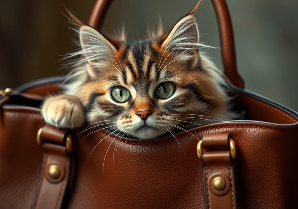 Whimsical Tabby Cat Peeks from Luxurious Handbag