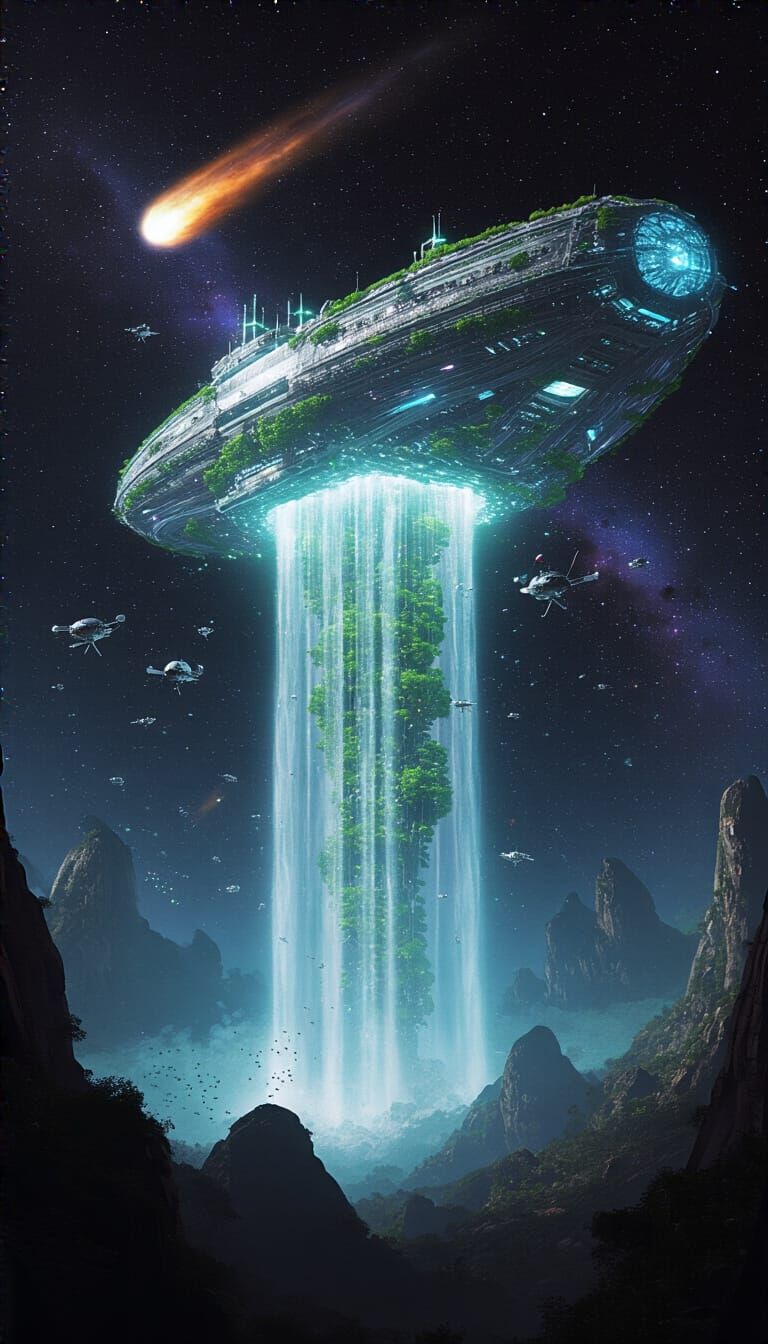 A massive evolving organic transparent futuristic solarpunk waterfall interlocking ecosystem generation ship spacecraft ...