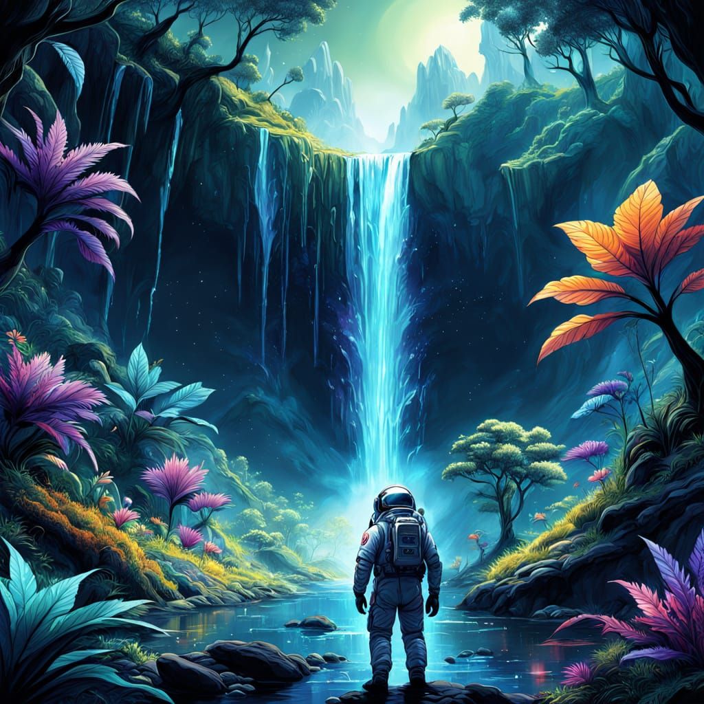 Astronaut Finds Waterfall on Alien Planet, Neo-Surrealism