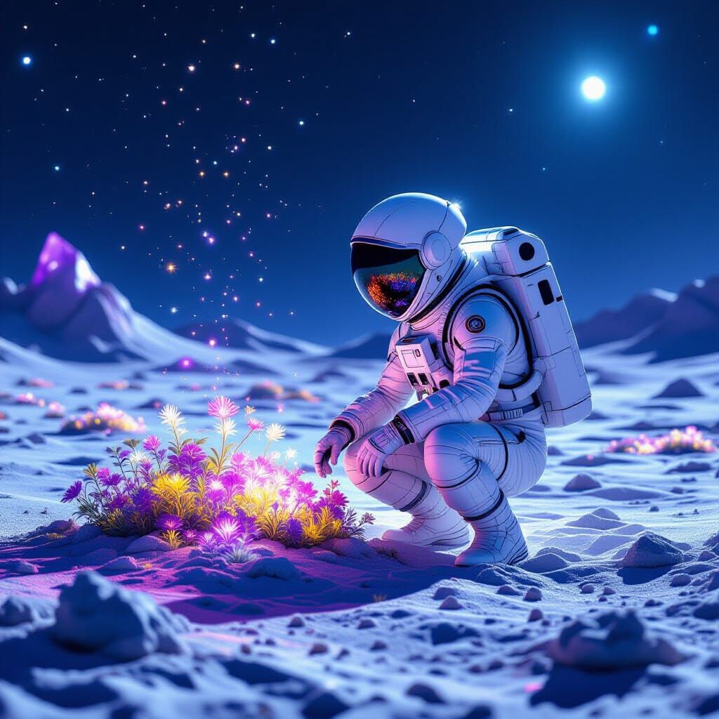 Astronaut Tends Alien Garden on Moonscape