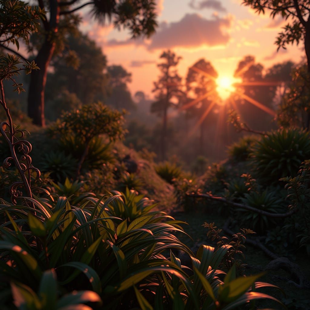 Vibrant Forest Floor at Fantastical Sunset