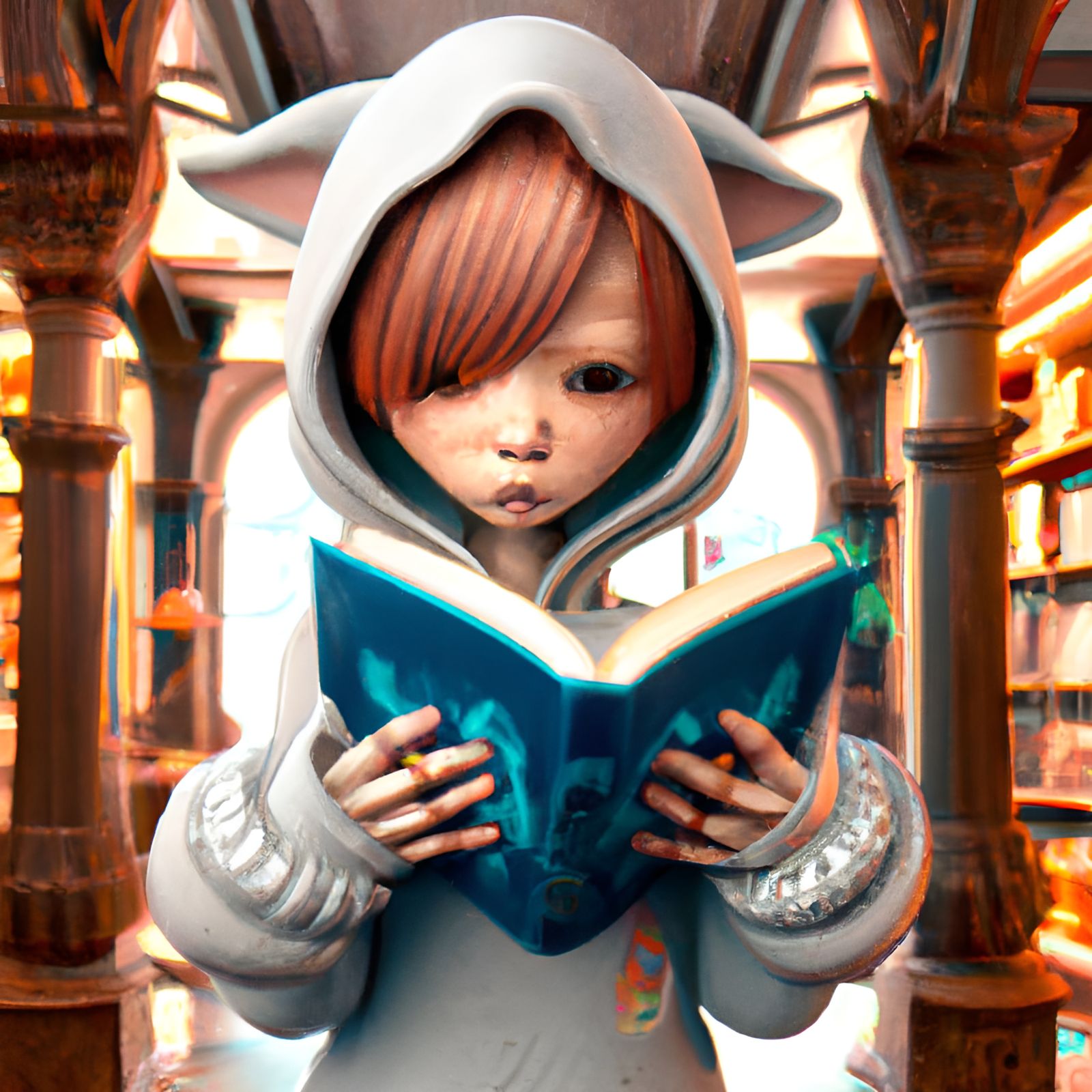 Chibi Woman Reading Book in Detailed Digital Illustration