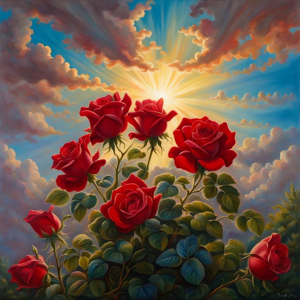 Red Roses and Blue Violets with Crepuscular Rays
