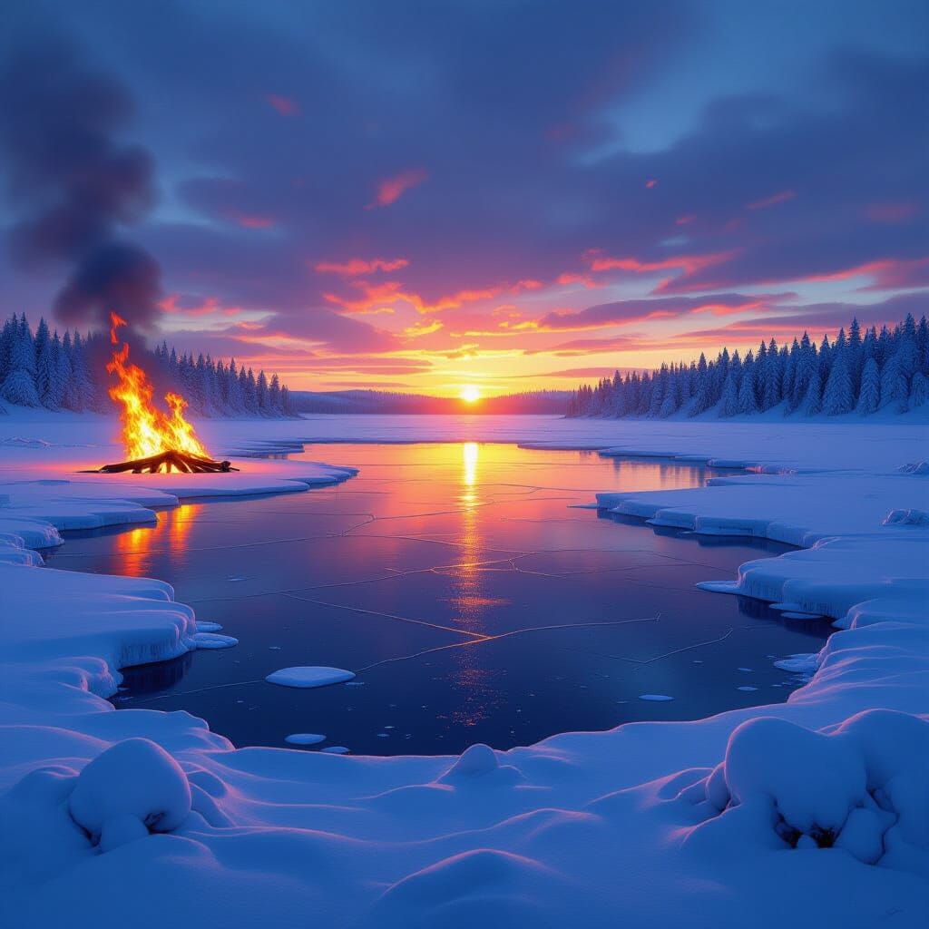 Icy Lake Ablaze: A Photorealistic Sunset Scene