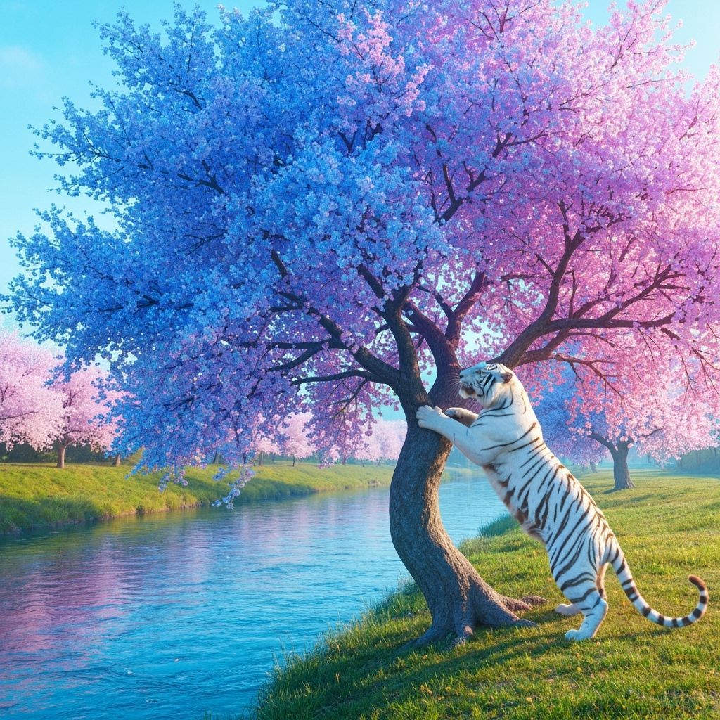 Blue Cherry Tree with White Tiger Climbing
