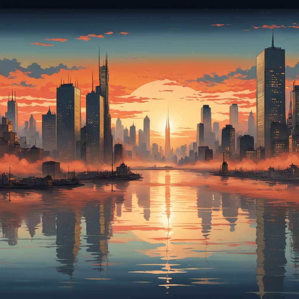 City Skyline at Sunset: Ukiyo-e Concept Art