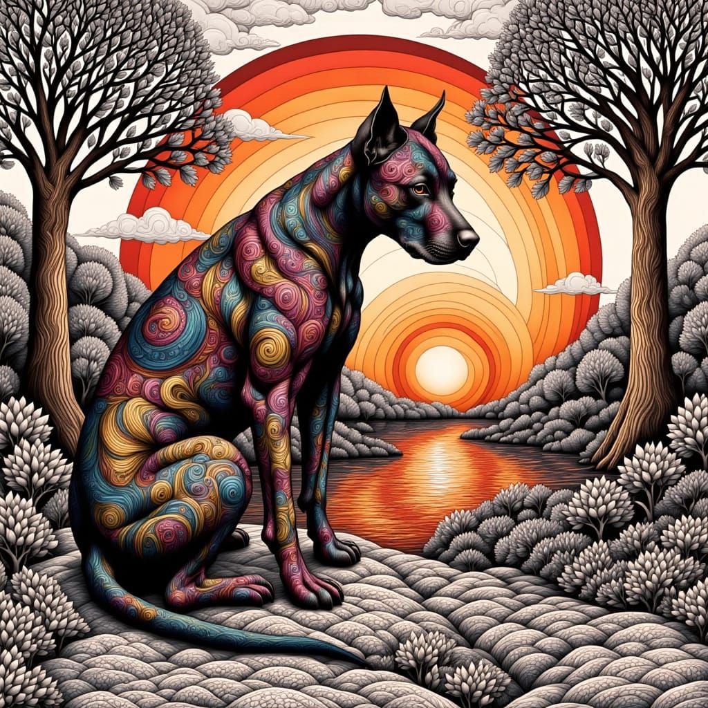 Pitbull in Zentangle Landscape at Sunrise