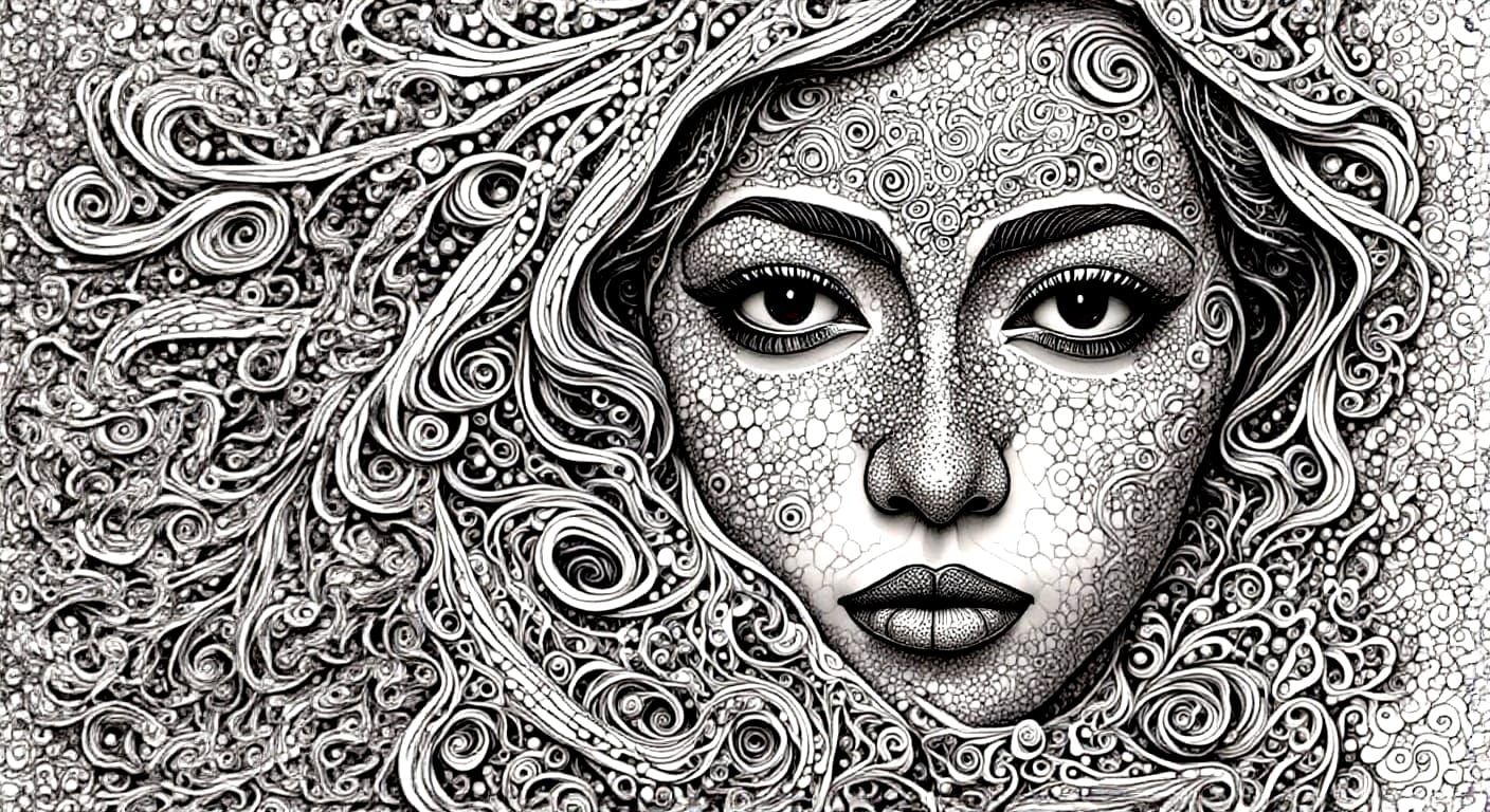 Extreme Close-Up Face Zentangle Drawing in Black and White