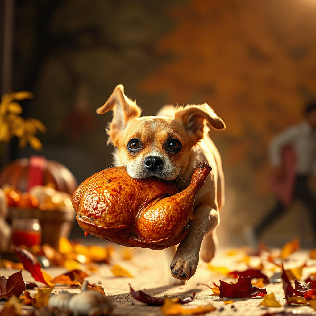 Dog Steals Turkey: Cinematic Autumn Scene
