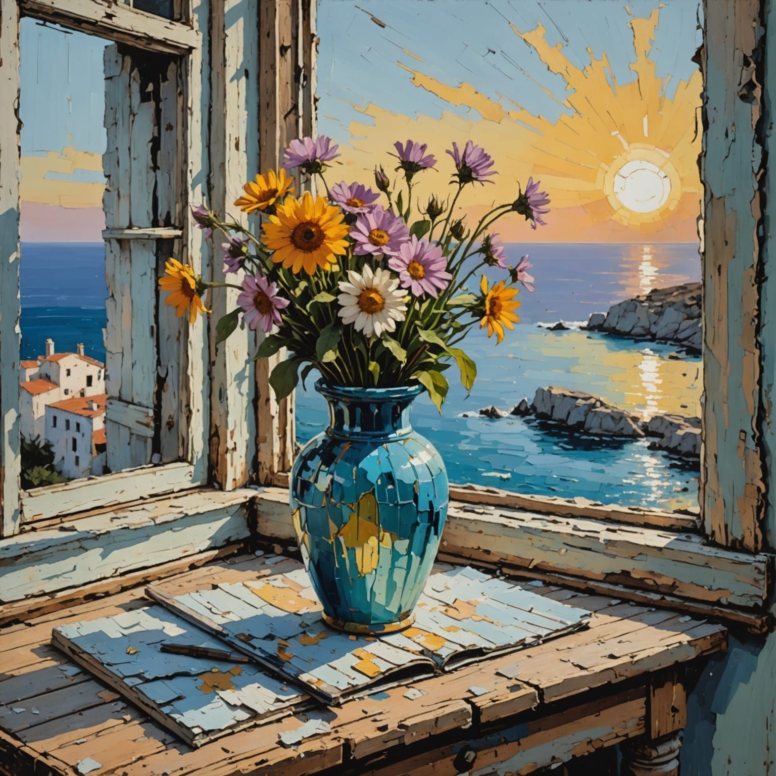 Impasto Oil Painting of Chipped Wooden Vase in Mediterranean...