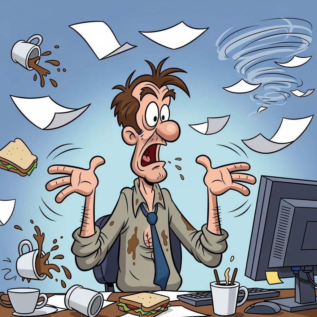 Energetic Cartoon of Dishevelled Man Gesturing Wildly at Cha...