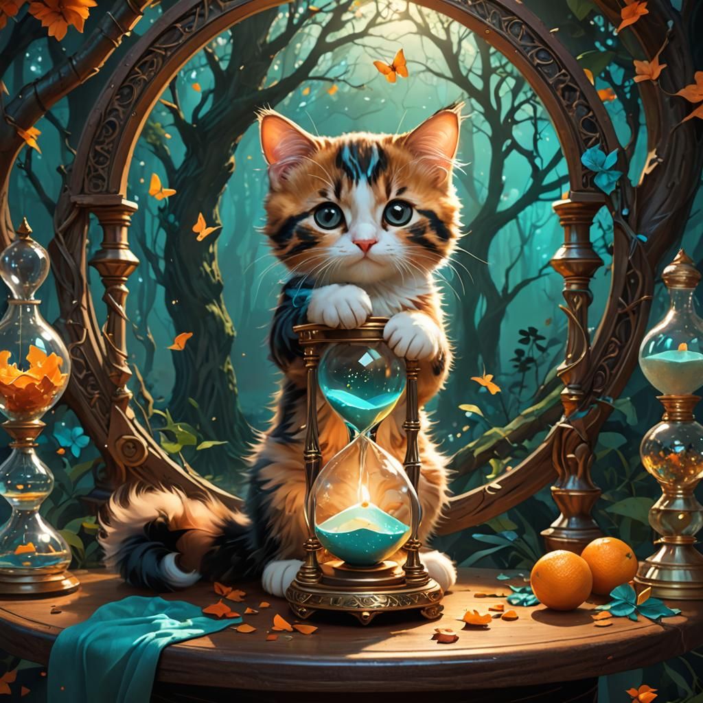 Mischievous Calico Kitten Topples Hourglass: Digital Art