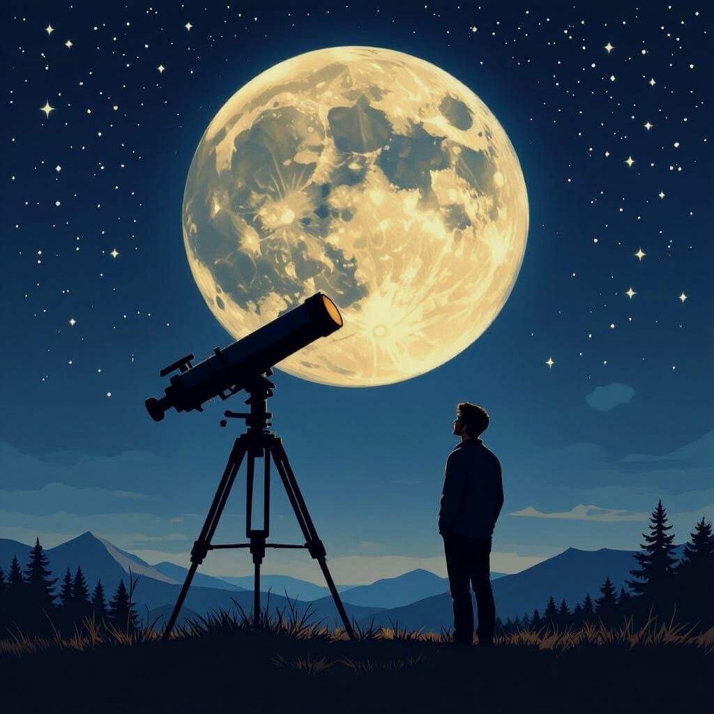 Young Man with Telescope Under Supermoon Sky