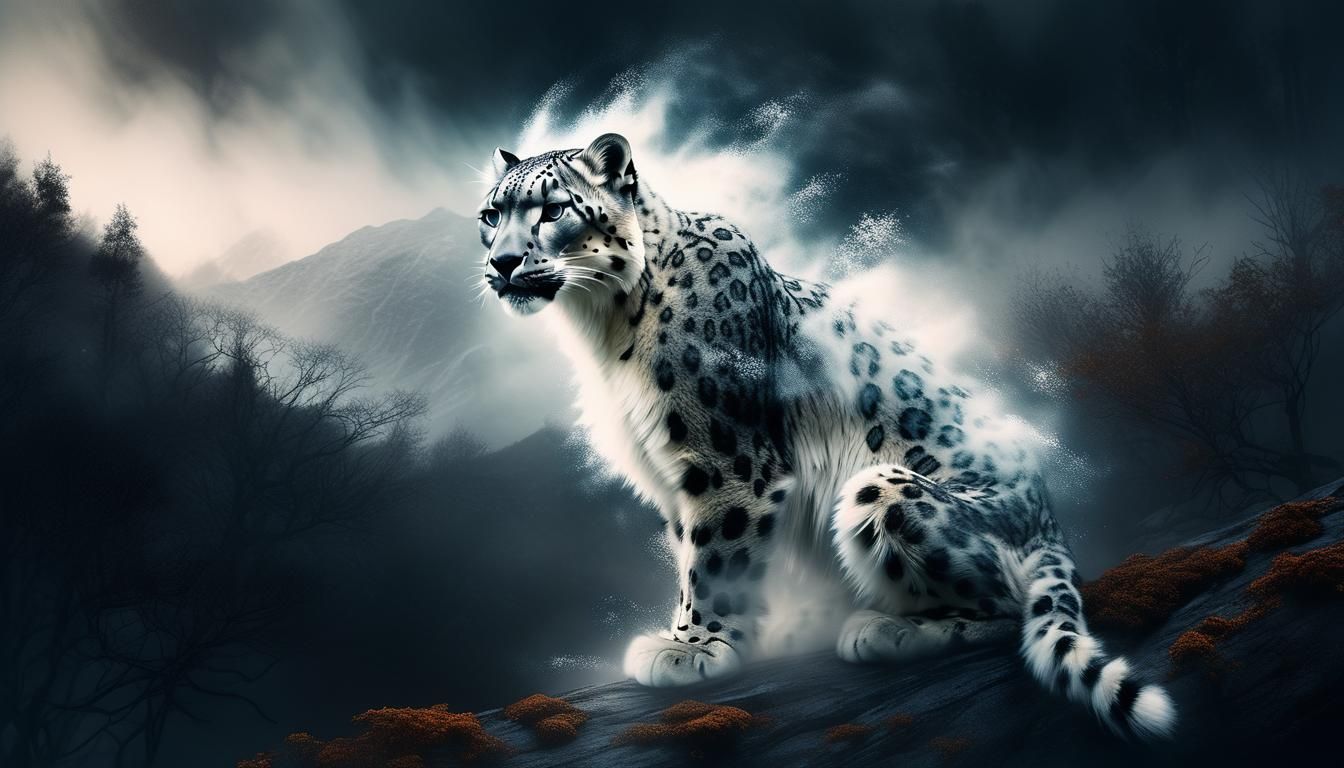 Ethereal Snow Leopard Spirit in Misty Forest