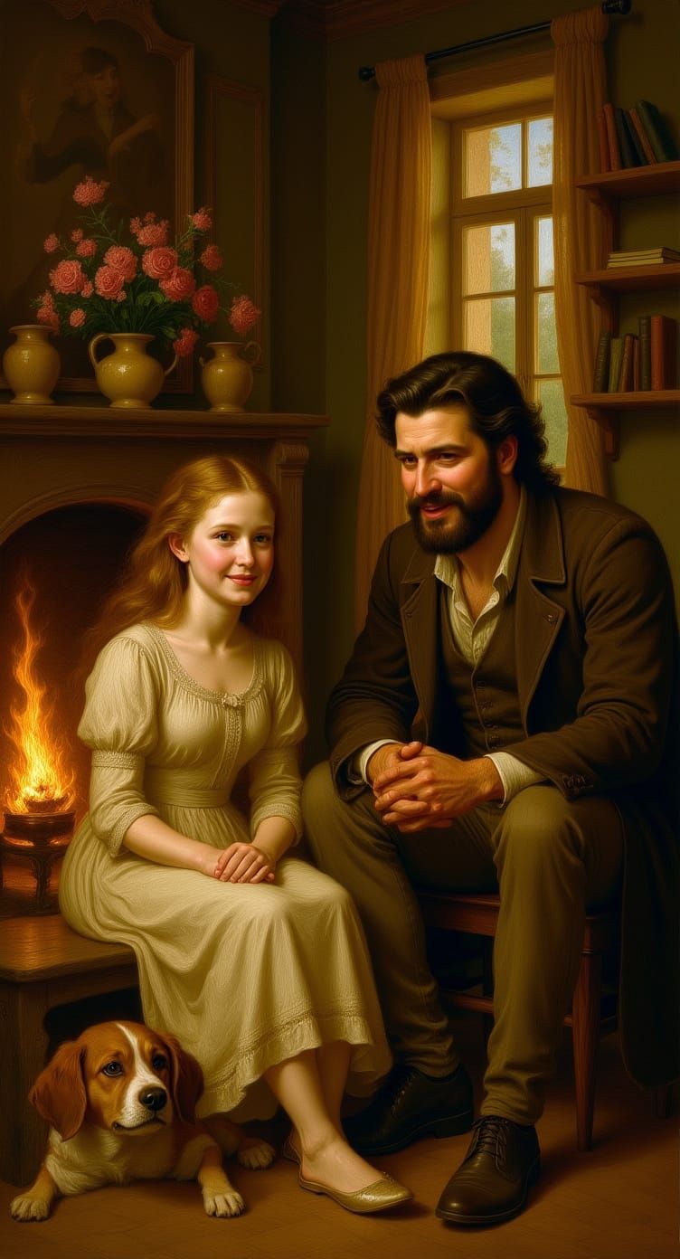 Pre-Raphaelite Oil Painting of Hopeful Catherine and Hareton...