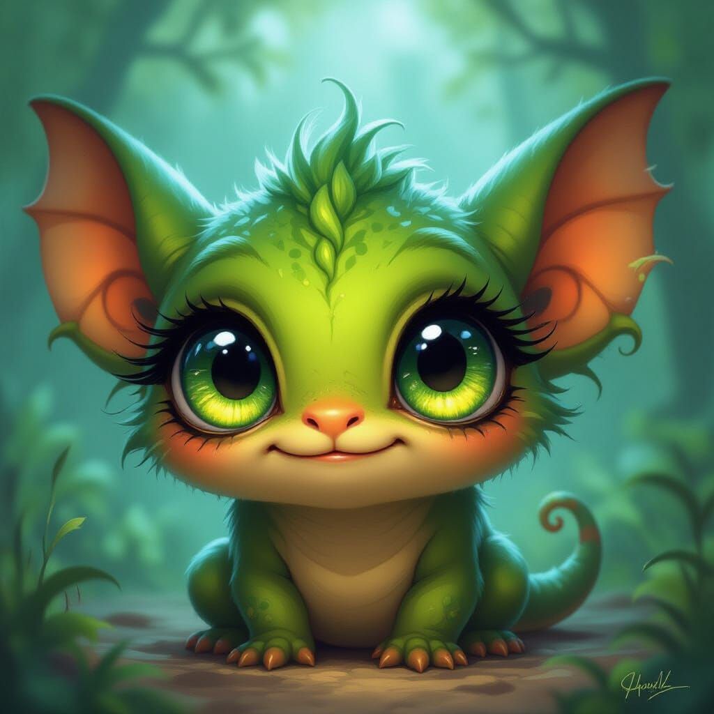 Whimsical Creature with Expressive Eyes in Green and Yellow