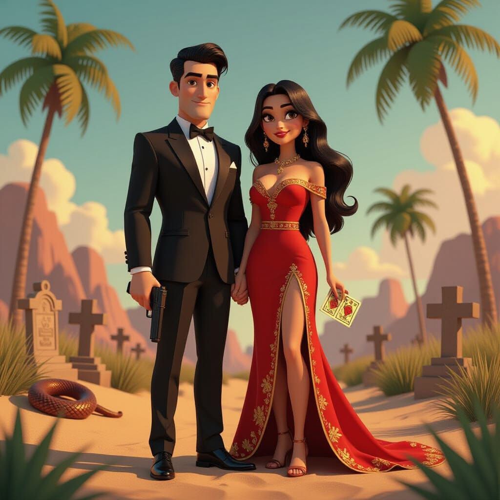 Pixar-Style Couple in Graveyard with Tarot Cards