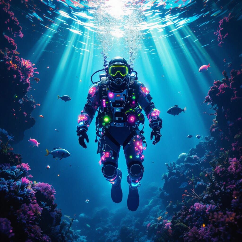Bioluminescent Deep-Sea Diver Descending into the Abyss