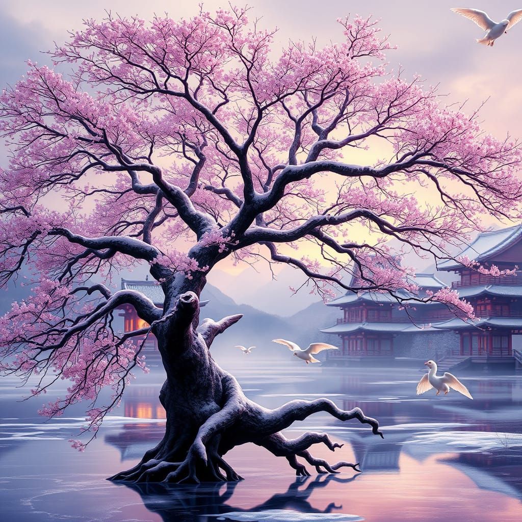 Majestic Sakura Tree Stands Sentinel on Serene Winter Lake