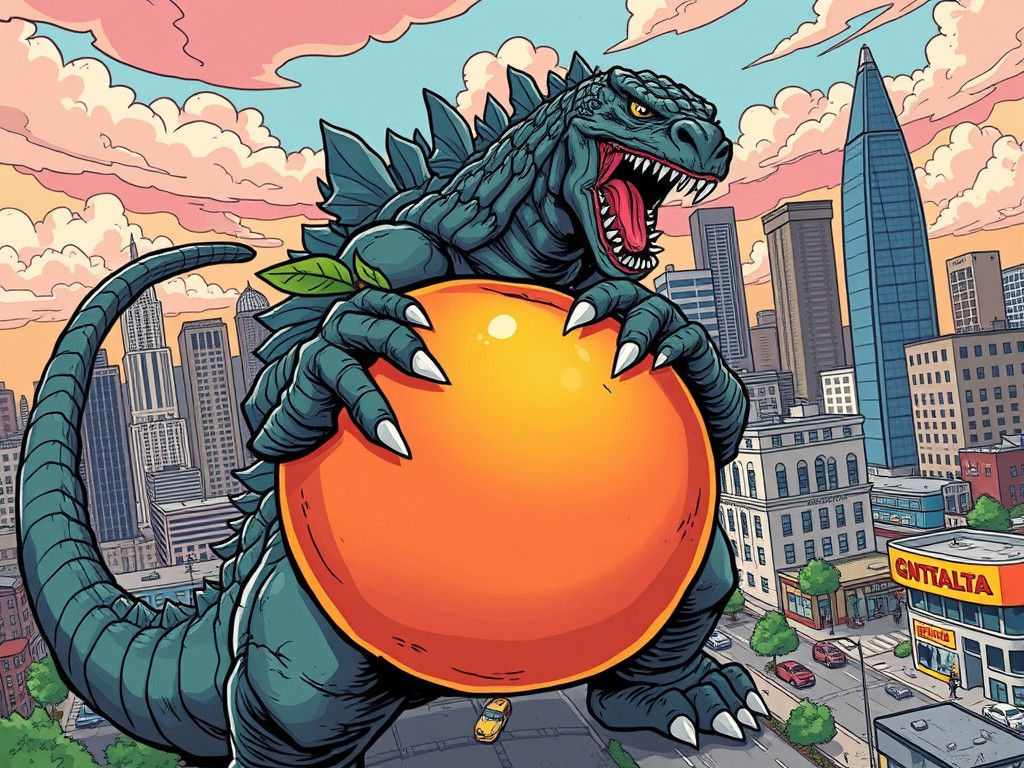 as a gag, Godzilla tries to crush Atlanta with a giant peach