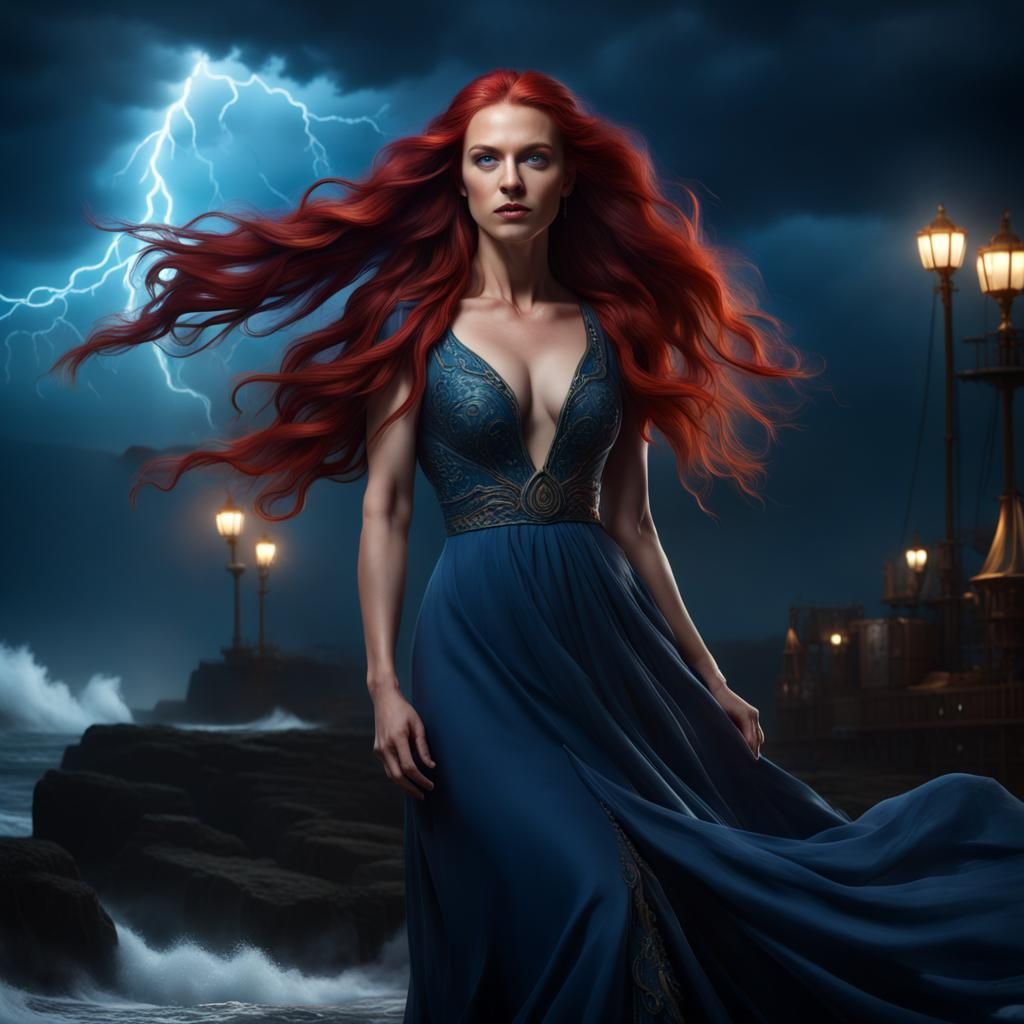 Red-Haired Woman in Blue Dress Amidst Stormy Seas