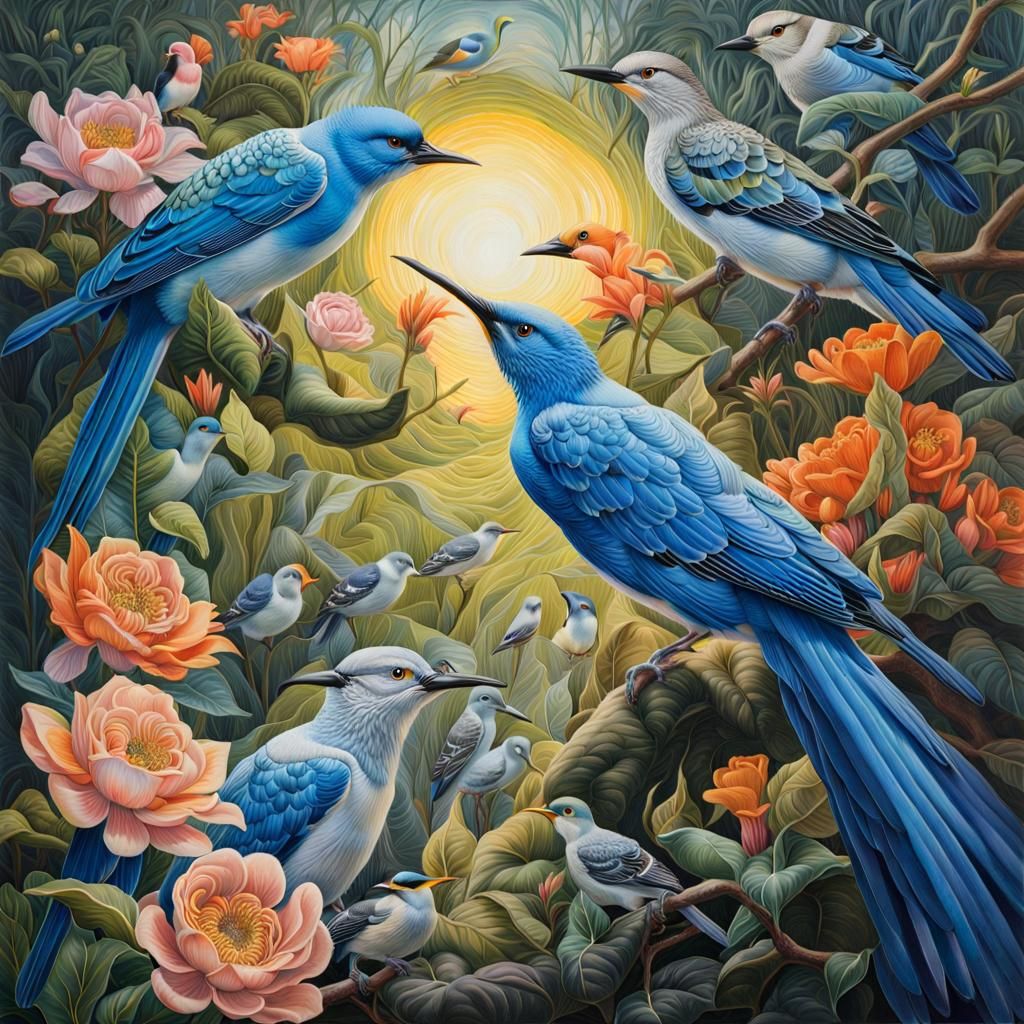 Night Birds in Colorful Ink Flow, Detailed Gouache Art