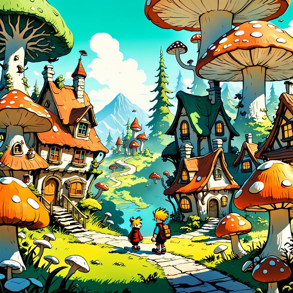 Calvin and Hobbes Explore Mushroom Village
